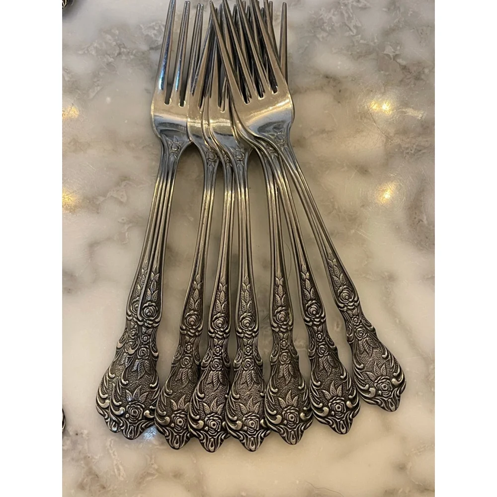 Rose Japan Stainless Baroque Scroll Flatware Set 29 Pc Knives Forks Spoons VTG